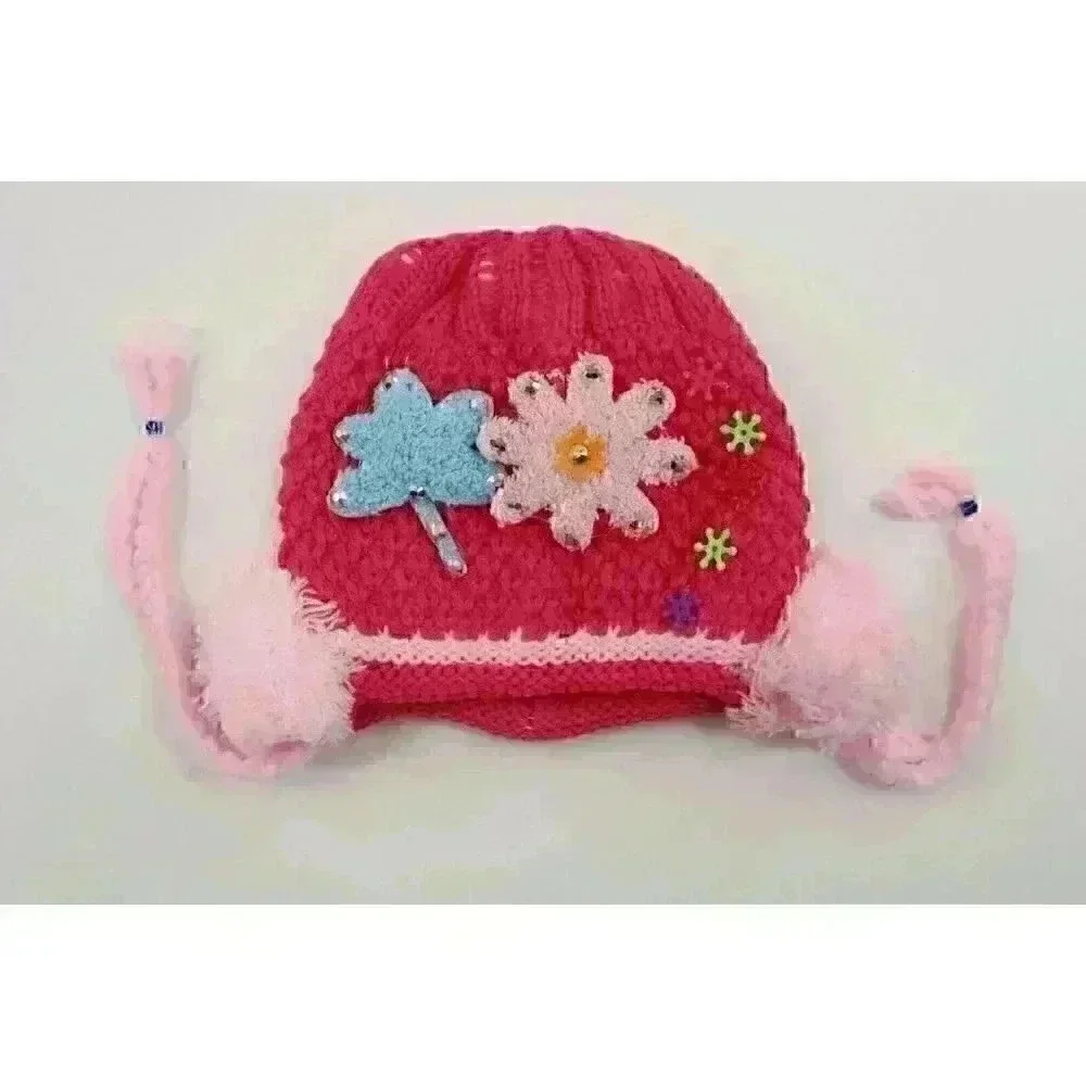 HAND knitted girl hat with knitted applique with beads for 3-6 year old. NEW.